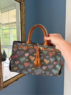 Dooney & Bourke Multicolor Heart-Print Satchel with Tan Leather Trim
